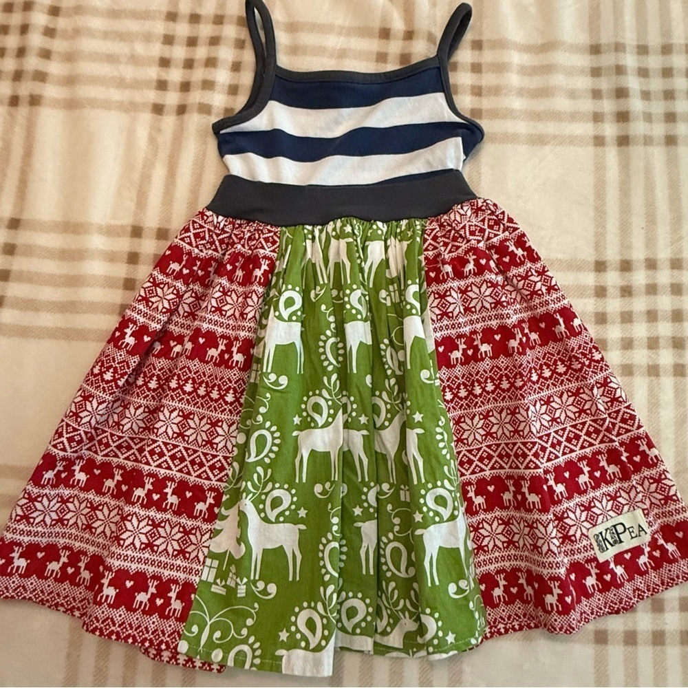 KPea Girls Christmas Reindeer Fair Isle Mixed Print Dress 4T Made in USA